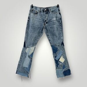 mnml Jeans Mens 34 Patchwork Distressed Flare Denim Button Fly Raw Hem Pants